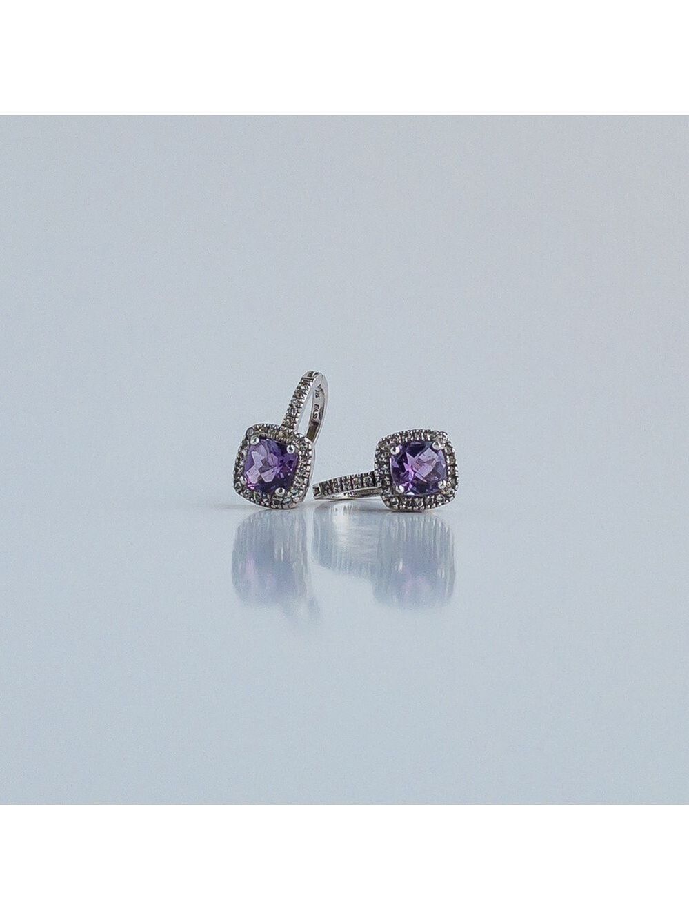 Sterling Silver Purple Amethyst White Topaz Leverback Earrings Cushion Cut